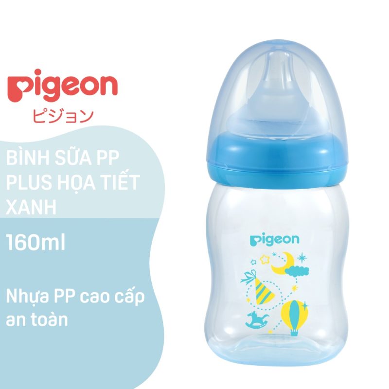 Bình Sữa Nhựa PP Plus Họa Tiết Xanh/Hồng Pigeon 160ml