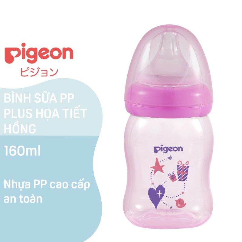 Bình Sữa Nhựa PP Plus Họa Tiết Xanh/Hồng Pigeon 160ml
