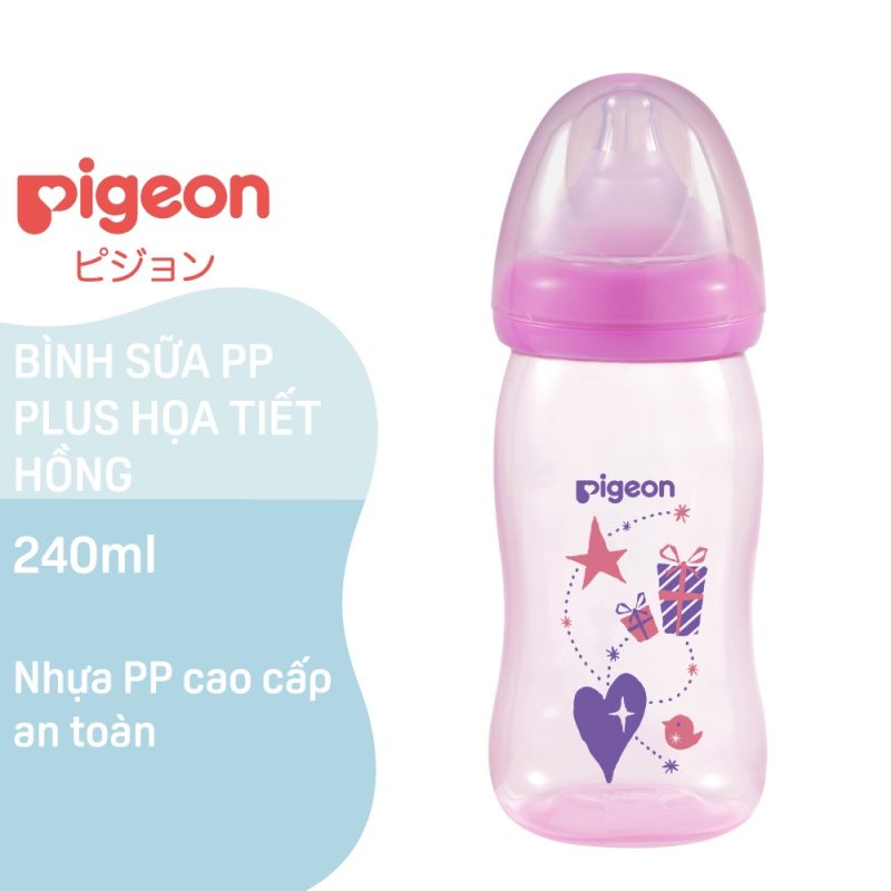 Bình sữa nhựa cổ rộng PP Plus họa tiết xanh/hồng Pigeon 240ml